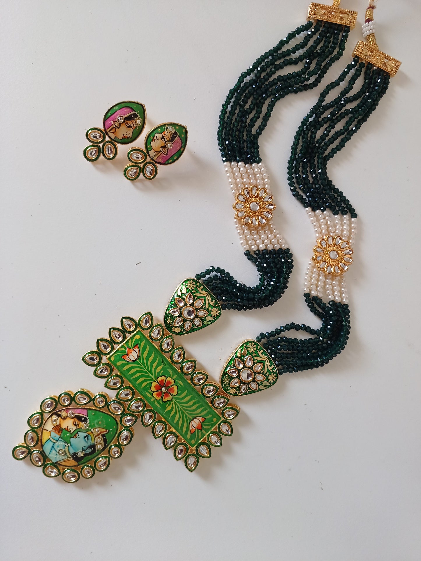 Meenakari Green Beaded Statement Necklace Set with Hand-Painted Pendant and Earrings