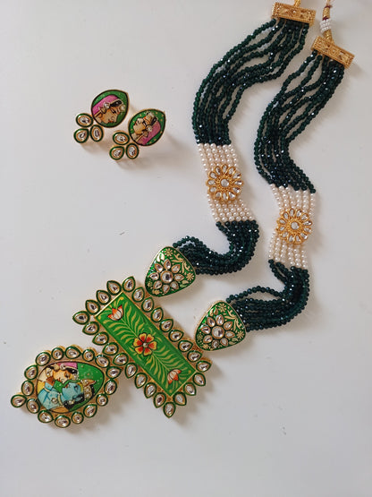 Meenakari Green Beaded Statement Necklace Set with Hand-Painted Pendant and Earrings
