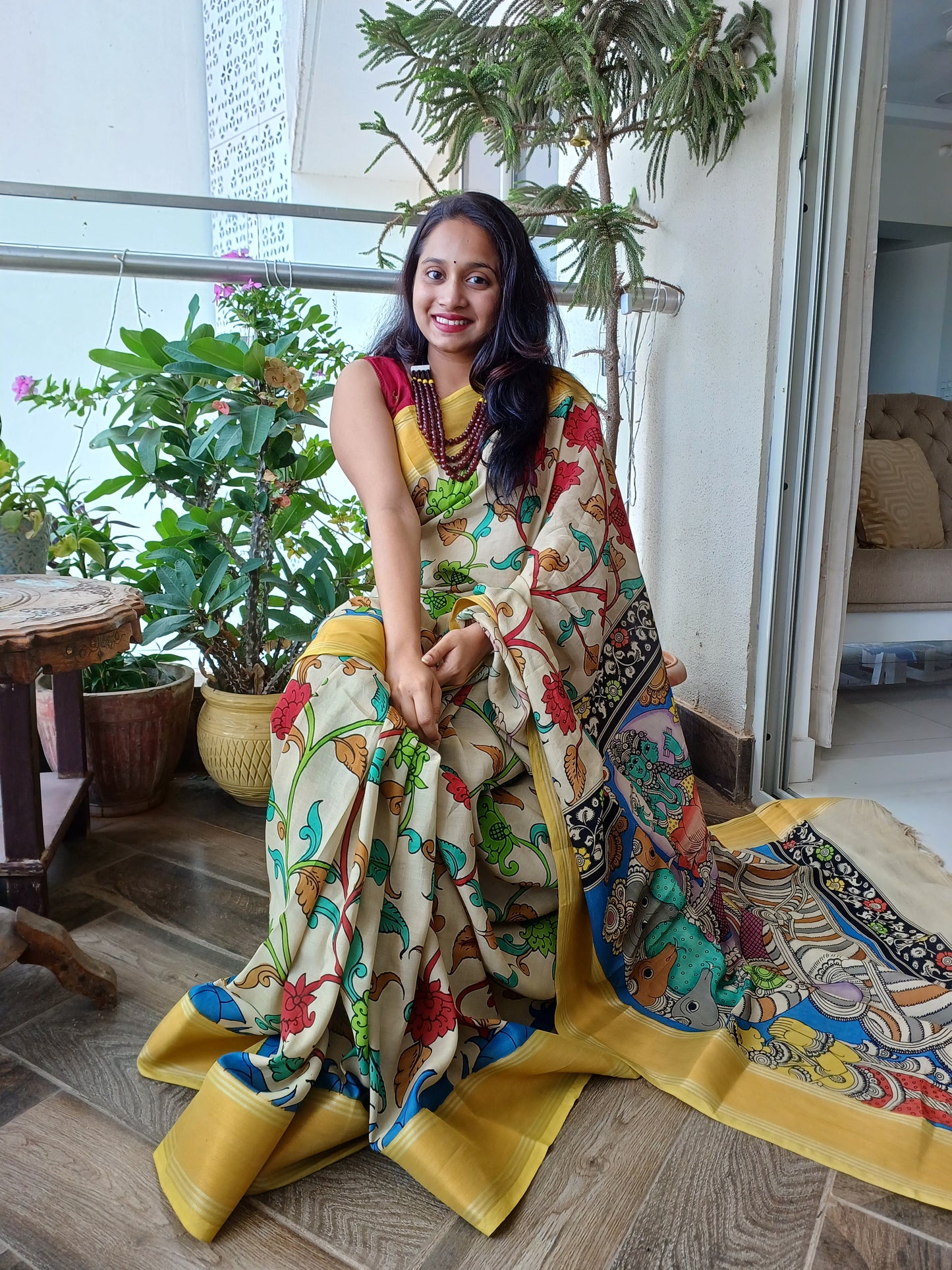 Hand-painted Kalamkari Saree in Silk cotton