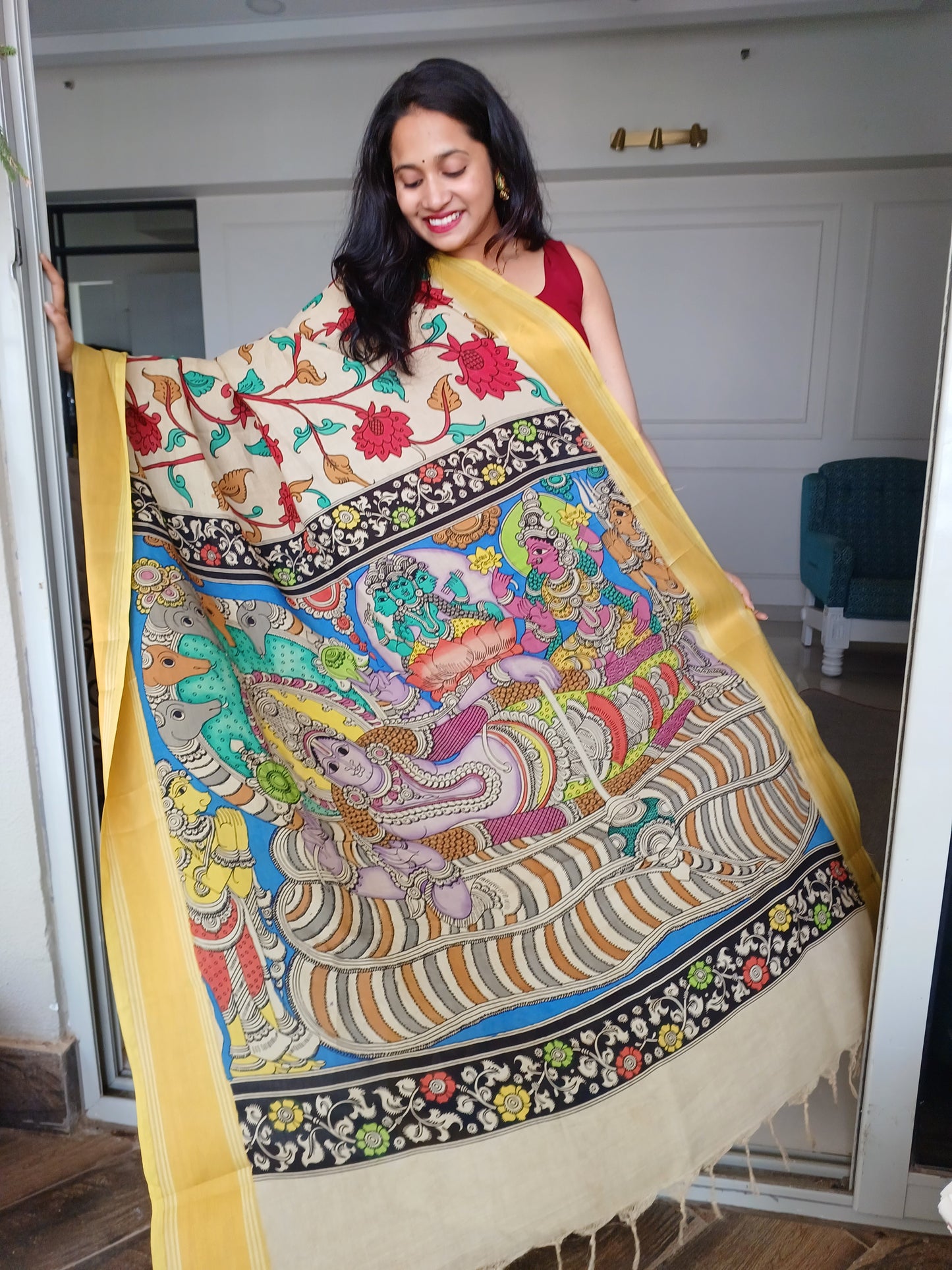 Hand-painted Kalamkari Saree in Silk cotton.