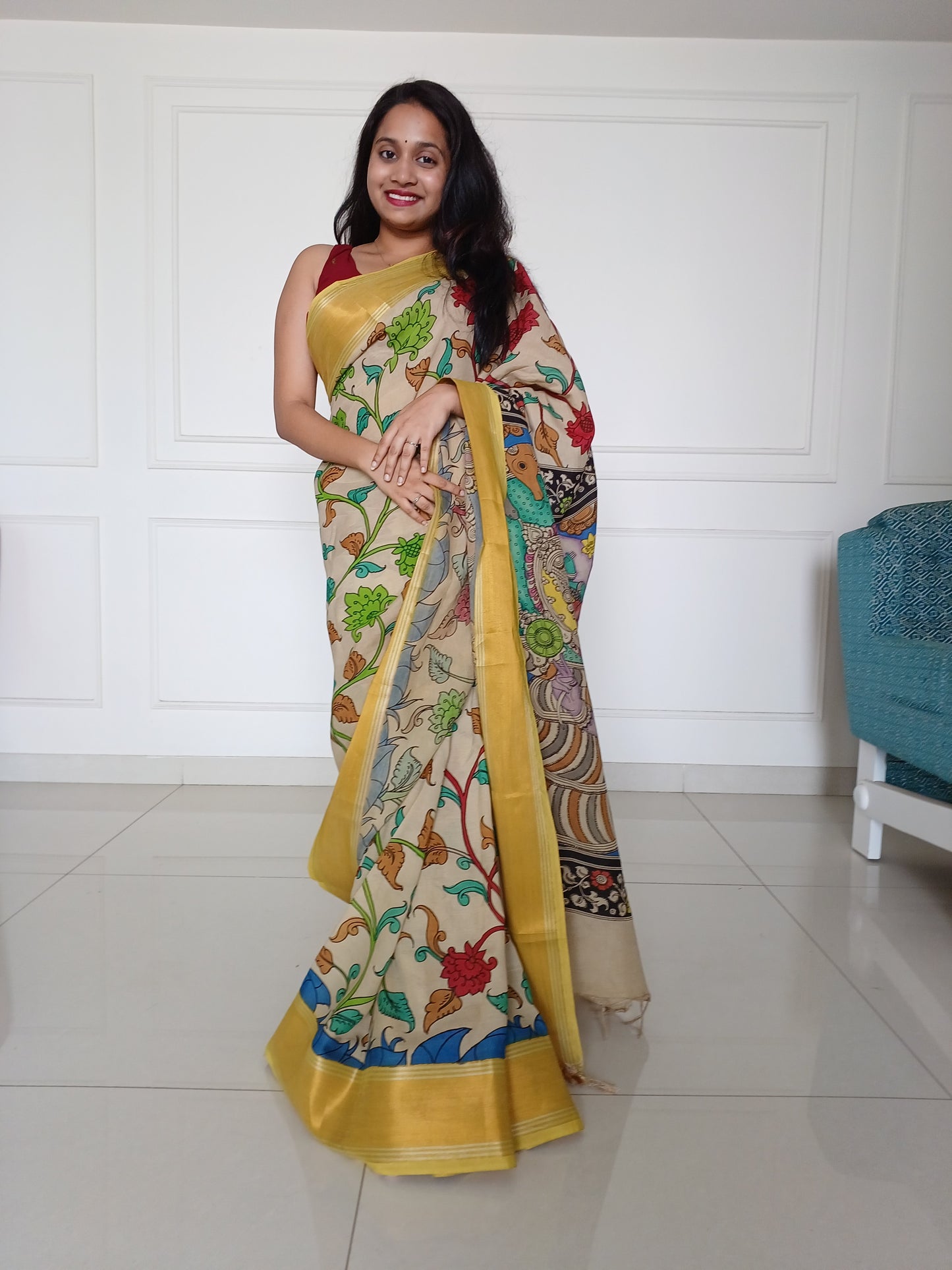 Hand-painted Kalamkari Saree in Silk cotton