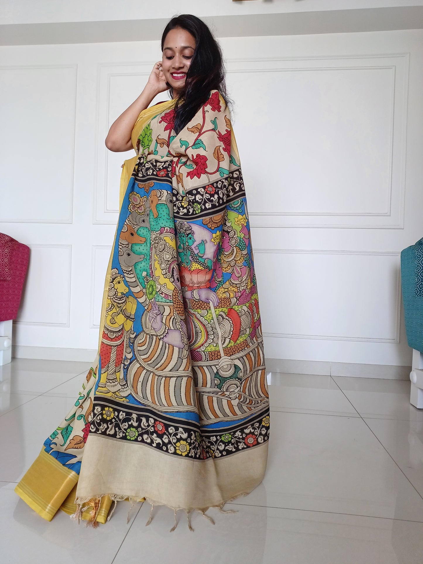 Hand-painted Kalamkari Saree in Silk cotton