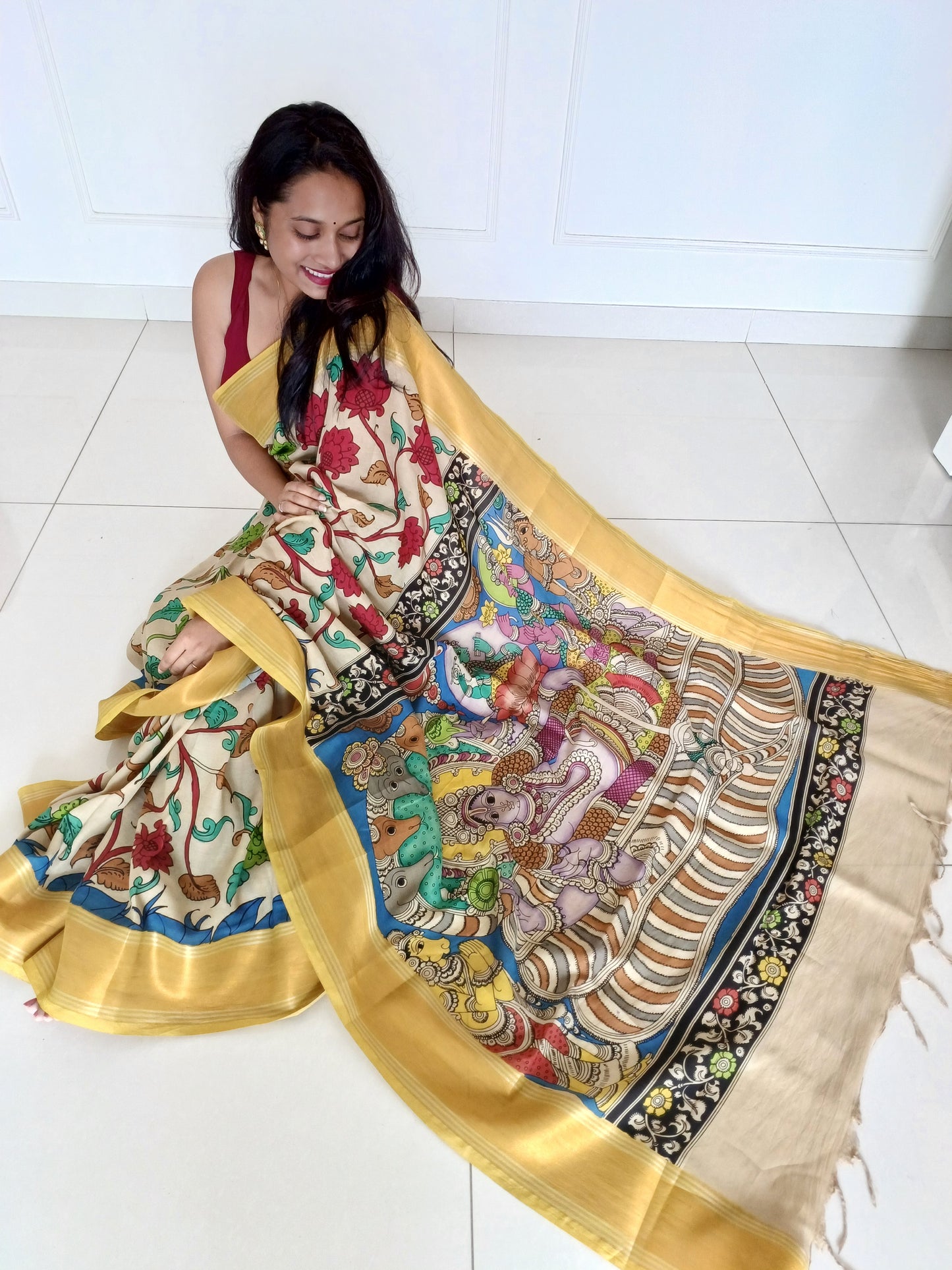 Hand-painted Kalamkari Saree in Silk cotton