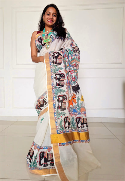 Advaita Handicrafts hand painted Madhubani Saree - Click for variety