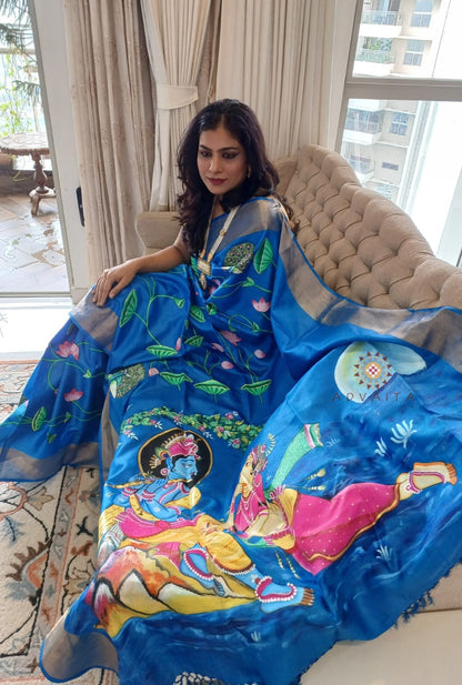 Hand-painted Radha Krishna Saree in pure tassar - Blue