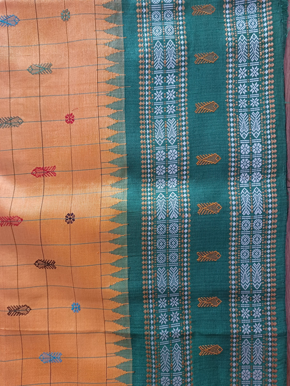 Fish & Rudraksha Saree in Pure mulberry by tassar silk with Ikkat Pallu - Designer Saree in Red