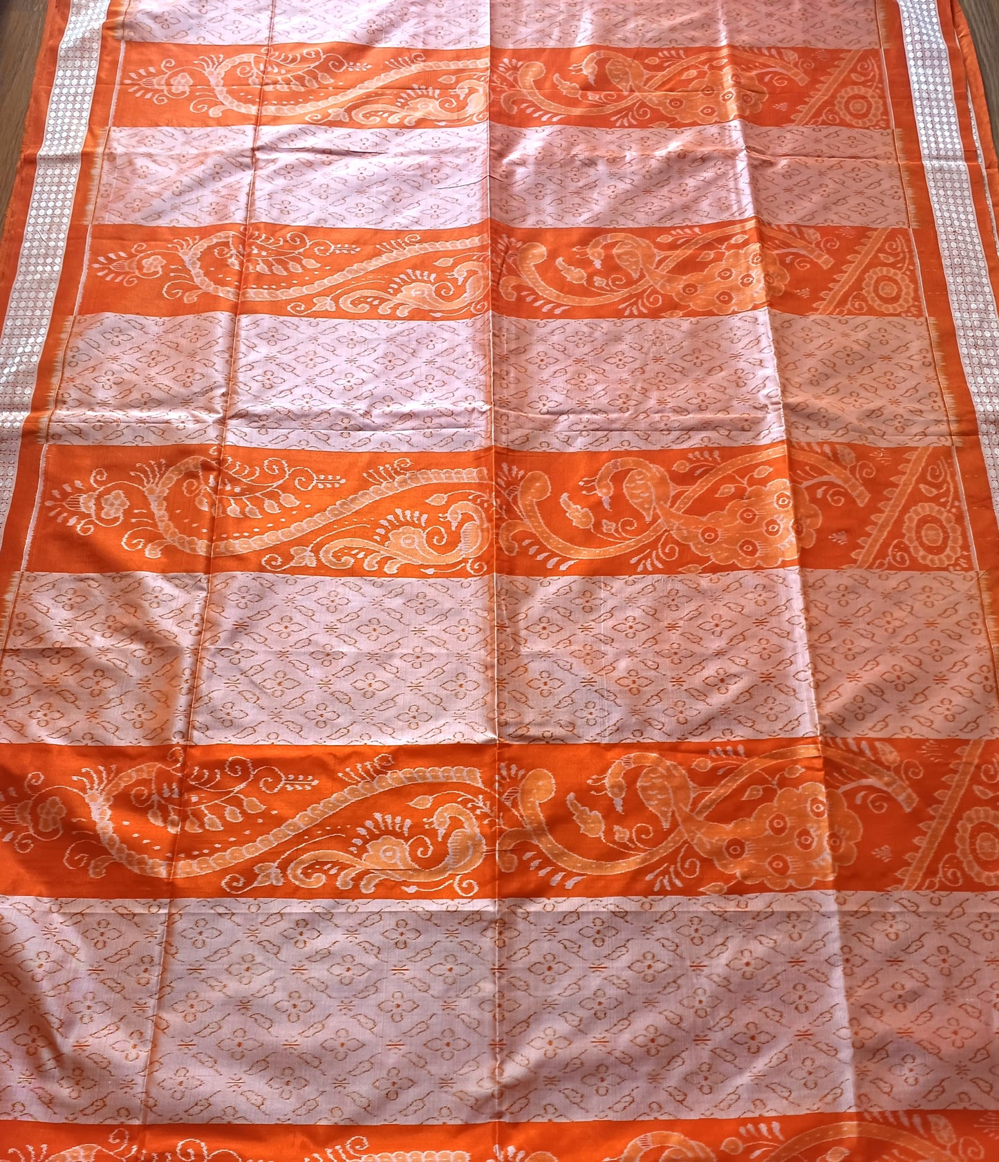 BARGARH MULBERRY IKKAT SILK SAREE - Orange and peach.