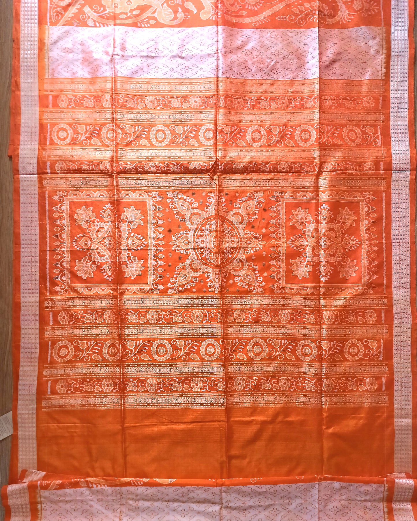 BARGARH MULBERRY IKKAT SILK SAREE - Orange and peach.