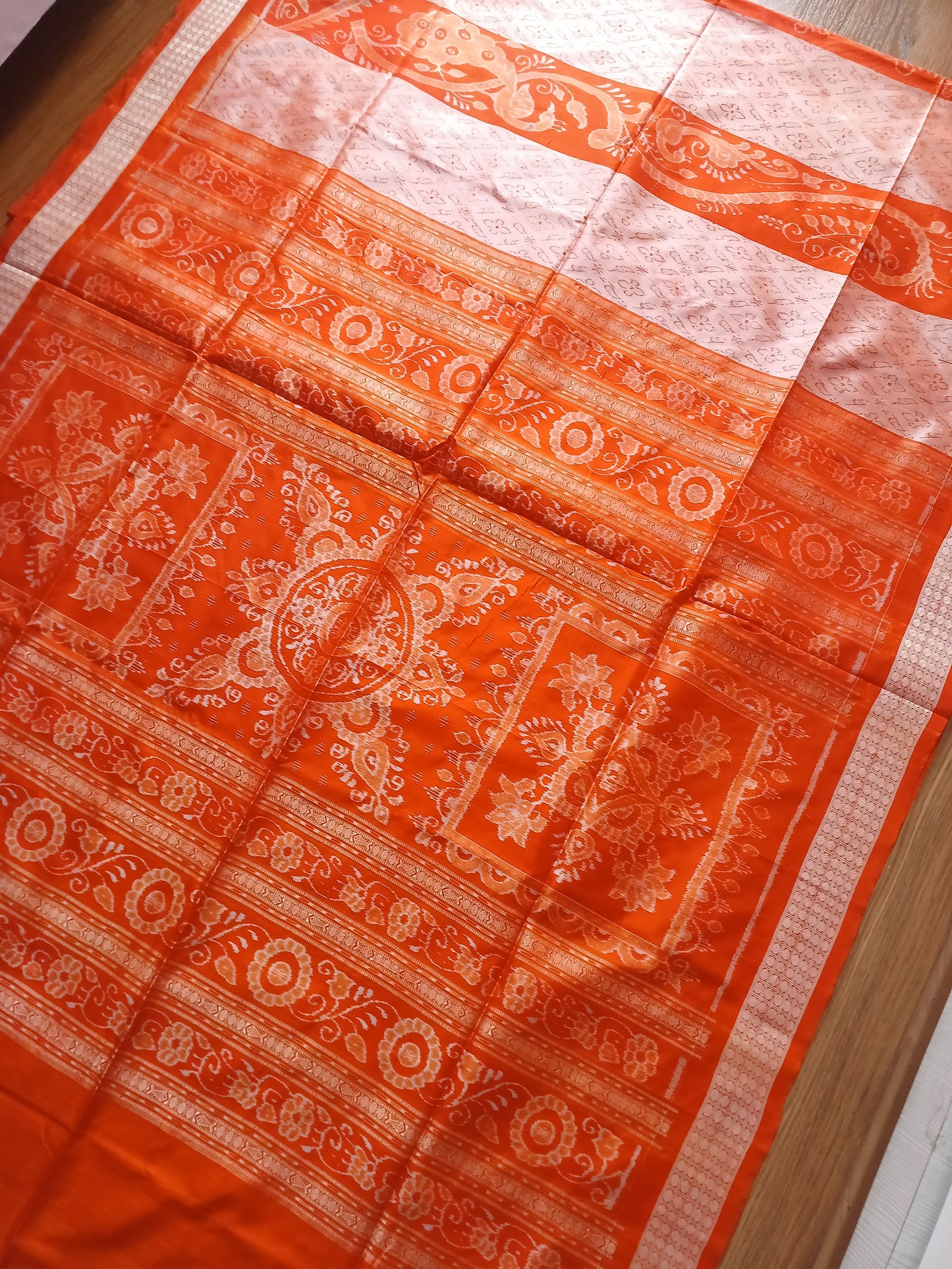 BARGARH MULBERRY IKKAT SILK SAREE - Orange and peach.