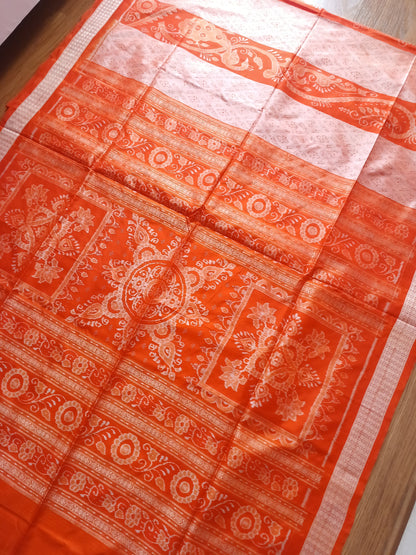 BARGARH MULBERRY IKKAT SILK SAREE - Orange and peach.