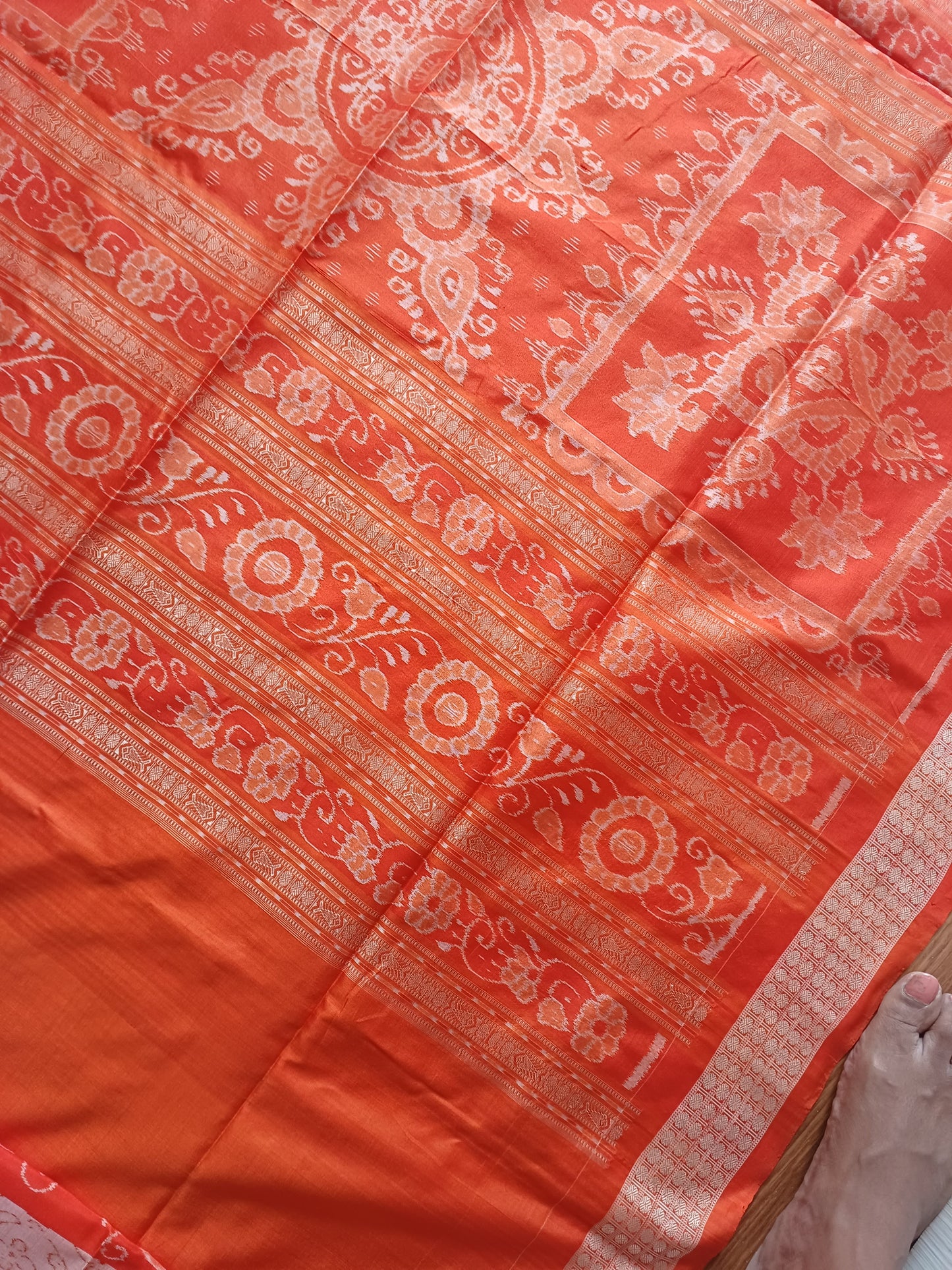 BARGARH MULBERRY IKKAT SILK SAREE - Orange and peach.