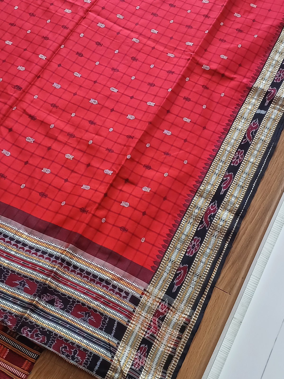 Fish & Rudraksha Saree in Pure mulberry by tassar silk with Ikkat Pallu - Designer Saree in Red