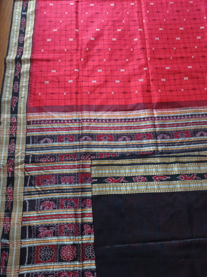 Fish & Rudraksha Saree in Pure mulberry by tassar silk with Ikkat Pallu - Designer Saree in Red