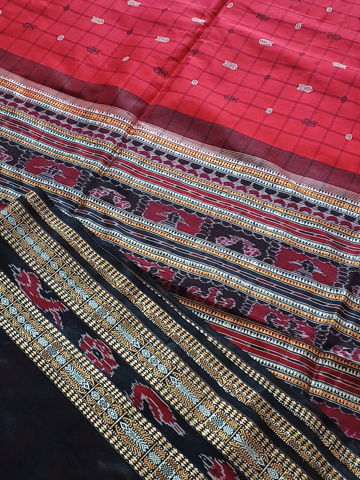 Fish & Rudraksha Saree in Pure mulberry by tassar silk with Ikkat Pallu - Designer Saree in Red