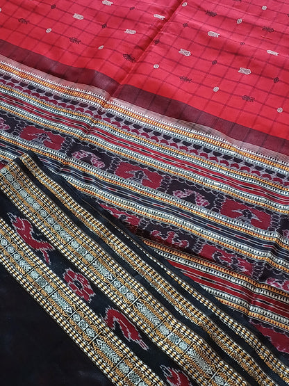 Fish & Rudraksha Saree in Pure mulberry by tassar silk with Ikkat Pallu - Designer Saree in Red
