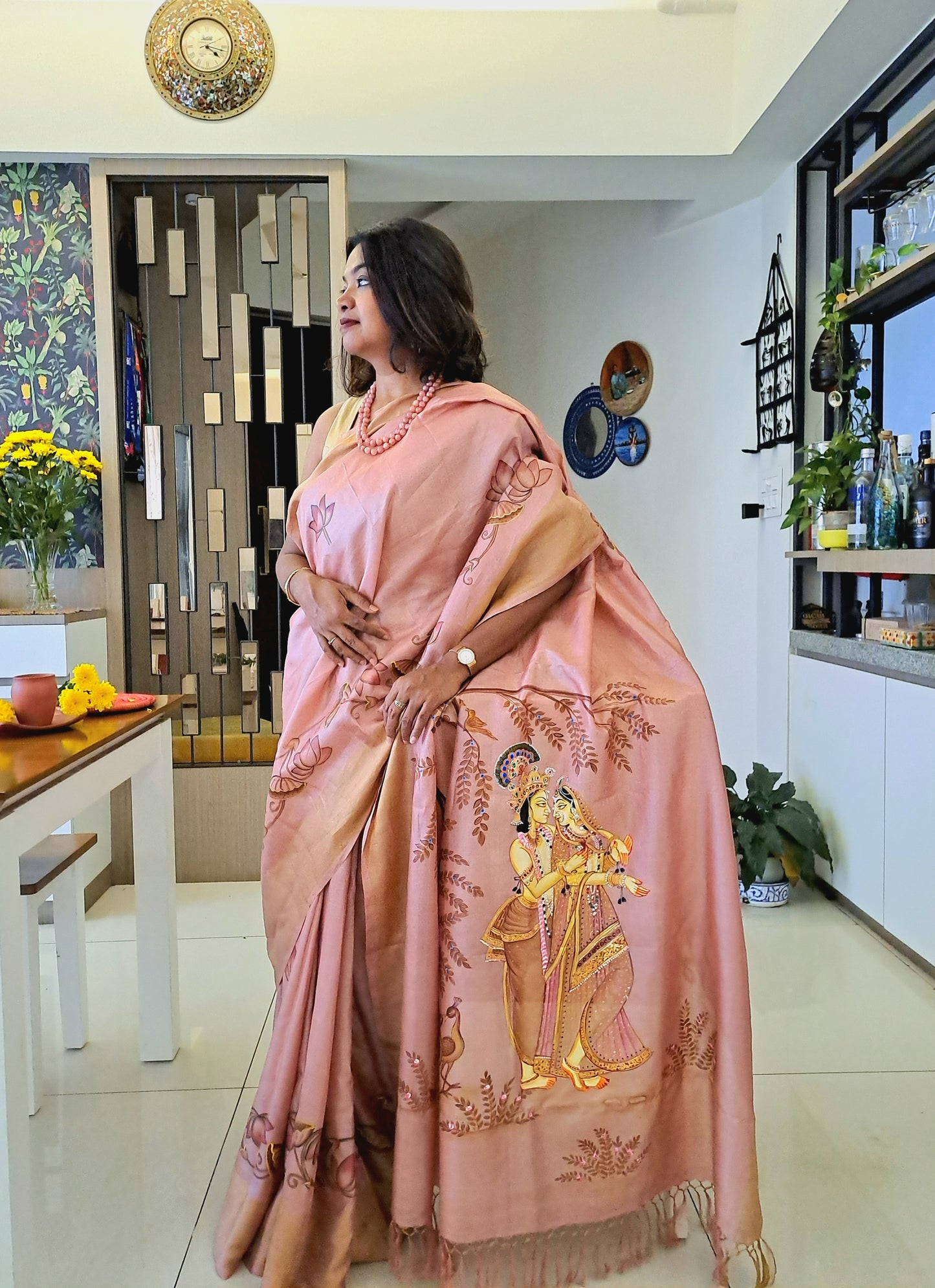 Pure Tassar Silk Pichwai Saree Radha Krishna - Coffee pink