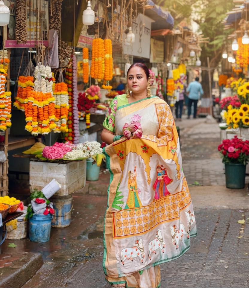 Upada Silk Pichwai Saree | Rajasthani Jharokha with Golden Motifs