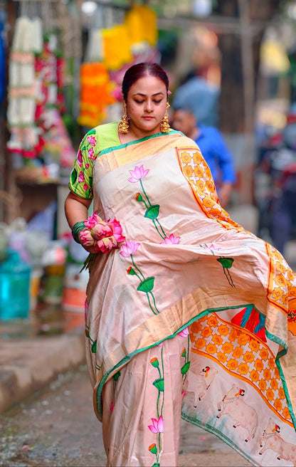 Upada Silk Pichwai Saree | Rajasthani Jharokha with Golden Motifs