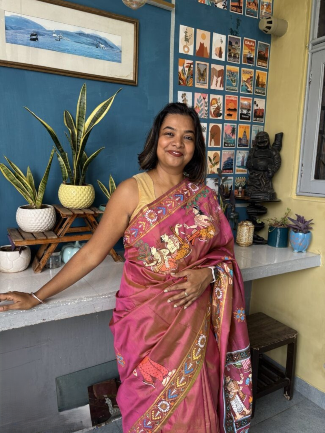 Dual Color Mulberry Silk Ramayana Hand-painted Saree