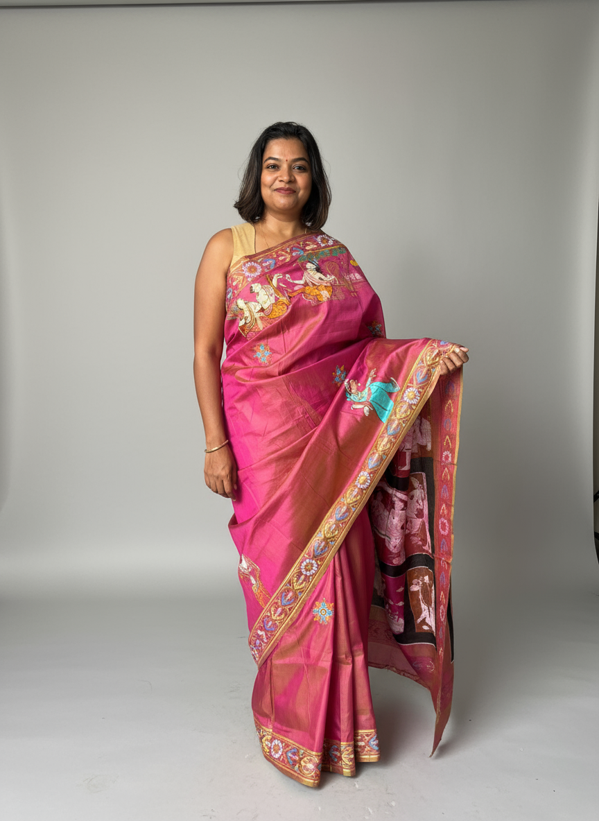 Dual Color Mulberry Silk Ramayana Hand-painted Saree