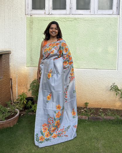 Gulmohar Bloom Hand-Painted Mulberry Silk Saree