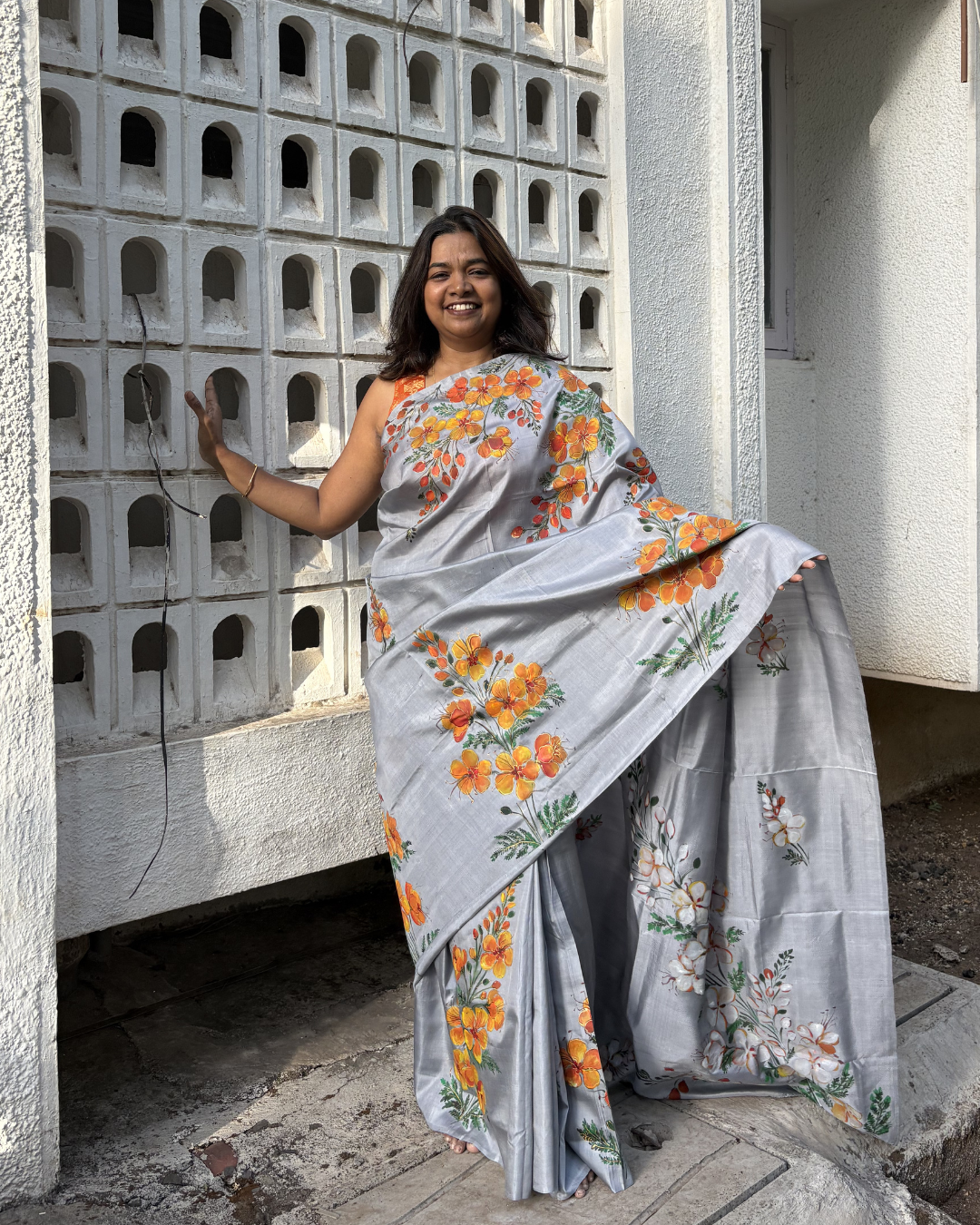 Gulmohar Bloom Hand-Painted Mulberry Silk Saree