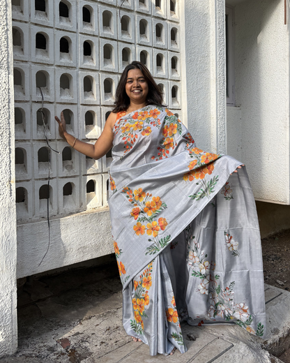 Gulmohar Bloom Hand-Painted Mulberry Silk Saree