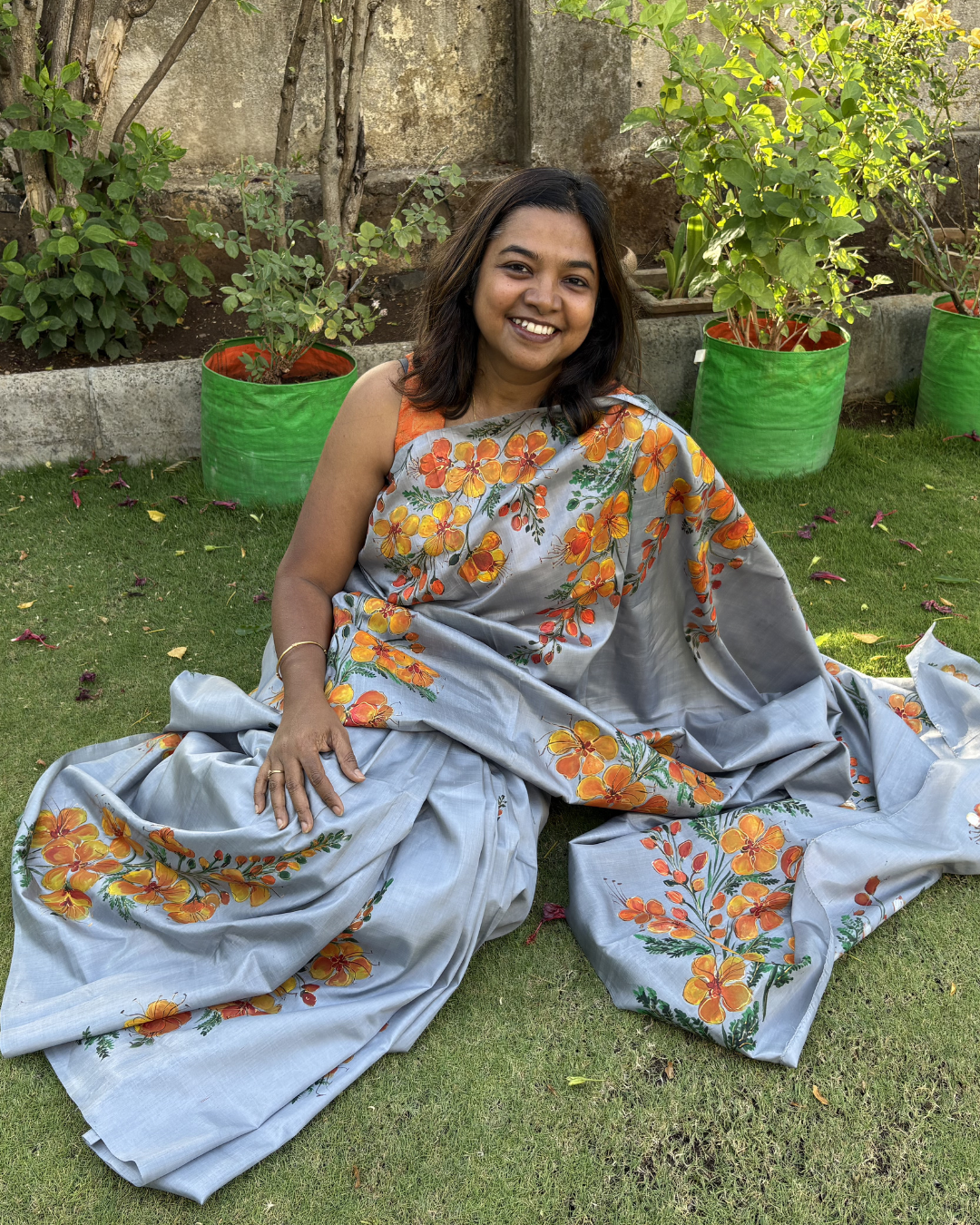 Gulmohar Bloom Hand-Painted Mulberry Silk Saree