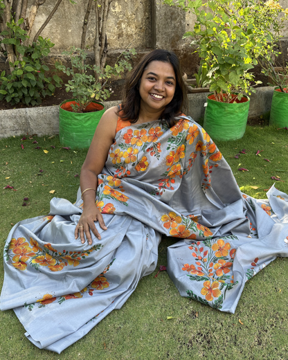 Gulmohar Bloom Hand-Painted Mulberry Silk Saree