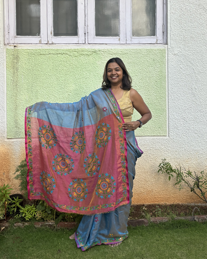 Kutchi Mirror Embroidery Tissue Handloom Upada Saree – Coral Pink & Sky Blue