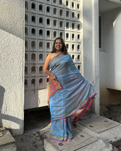 Kutchi Mirror Embroidery Tissue Handloom Upada Saree – Coral Pink & Sky Blue
