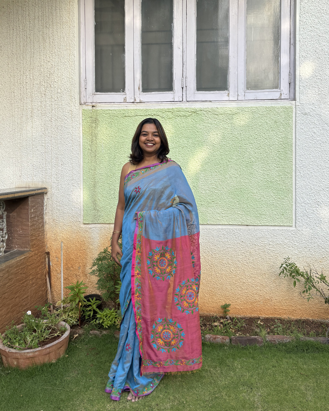 Kutchi Mirror Embroidery Tissue Handloom Upada Saree – Coral Pink & Sky Blue