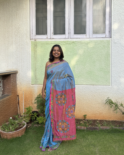 Kutchi Mirror Embroidery Tissue Handloom Upada Saree – Coral Pink & Sky Blue