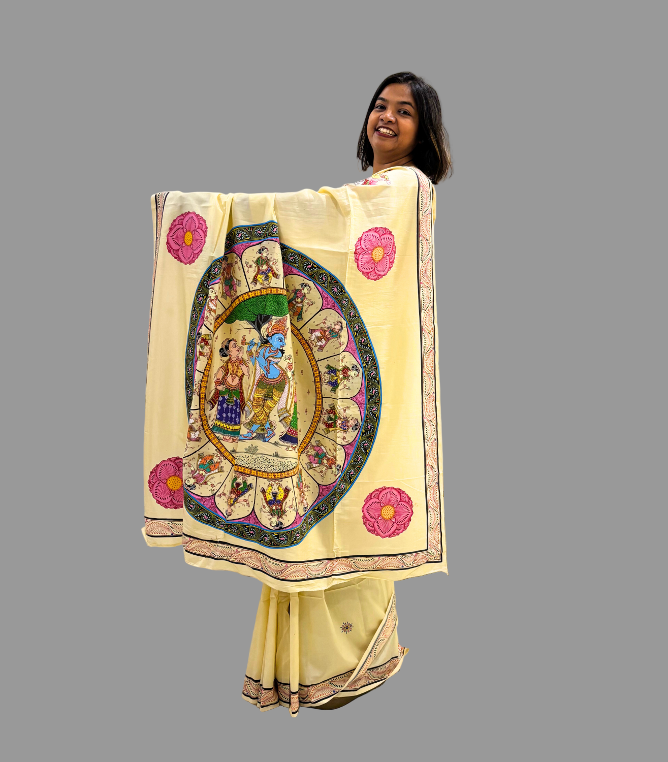 Krishna Raasleela in Silk Cotton - Multicolored Patachitra Hand-painted Designer Saree