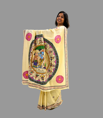 Krishna Raasleela in Silk Cotton - Multicolored Patachitra Hand-painted Designer Saree