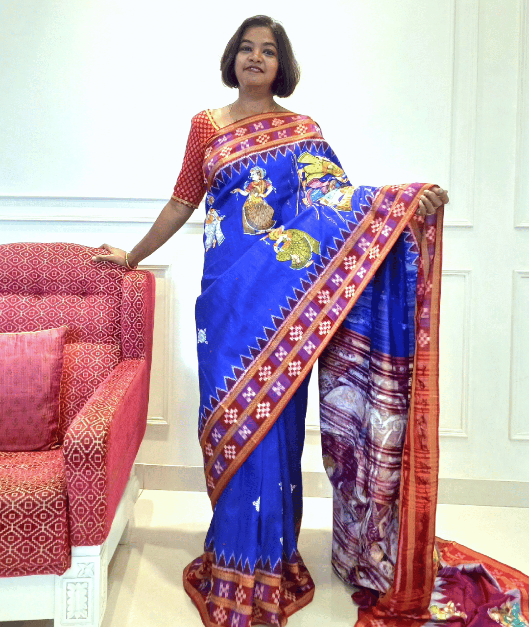 Hand Painted Patachitra Krishna Mathura Gaman on Khandua ikkat saree - Blue