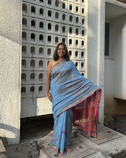 Kutchi Mirror Embroidery Tissue Handloom Upada Saree – Coral Pink & Sky Blue
