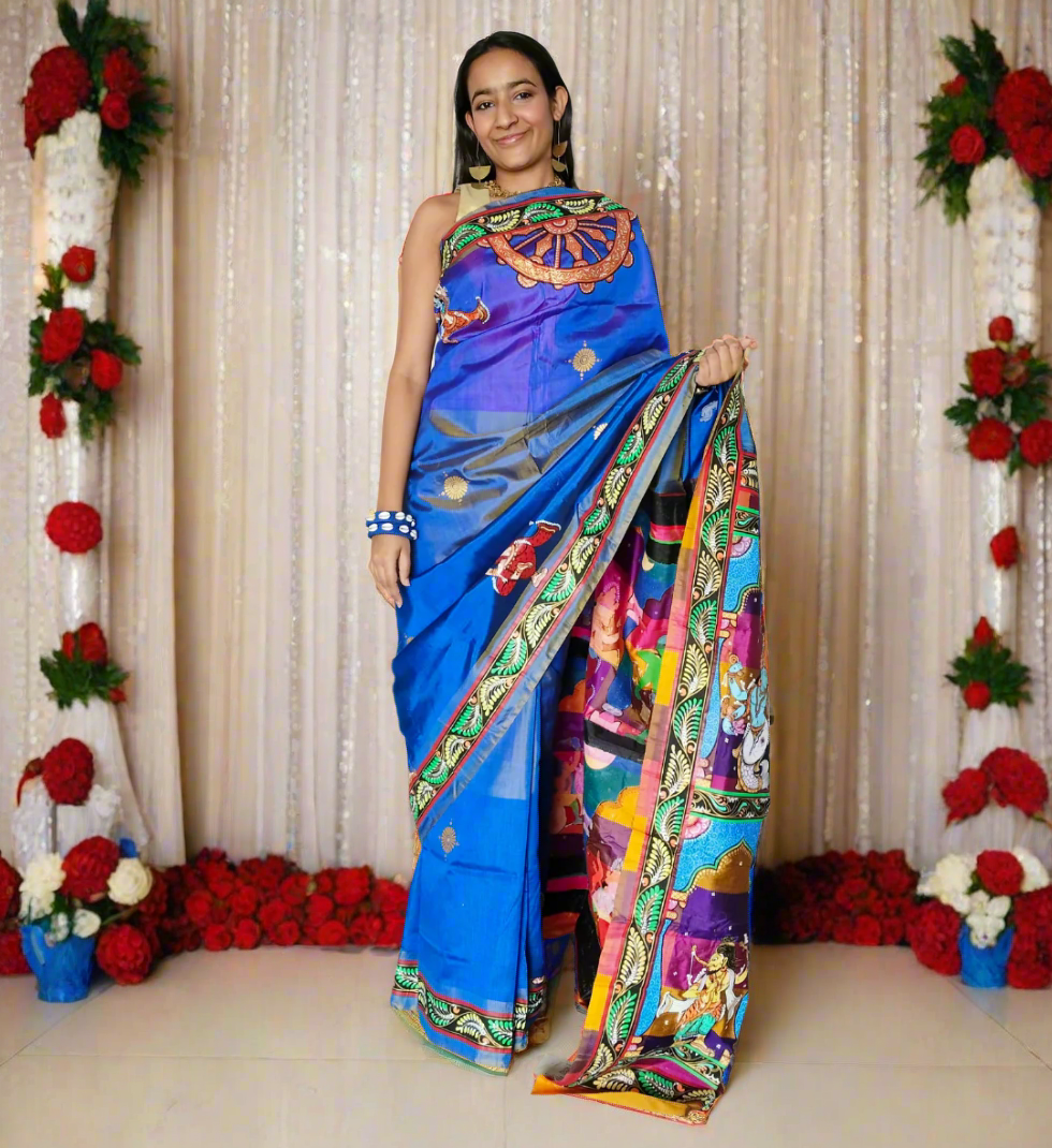 Vishnu Dashavatar Blue Mulberry Silk Saree - Hand-painted Poetry