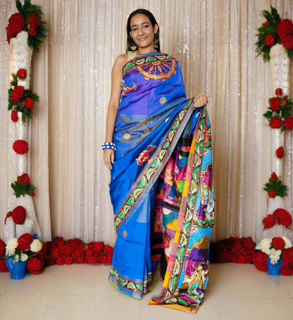 Vishnu Dashavatar Blue Mulberry Silk Saree - Hand-painted Poetry