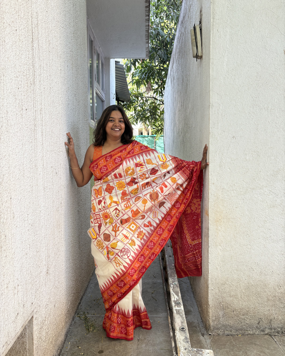 Traditional Nabakothi Auspicious Symbols Hand-painted Saree on pure mulberry silk