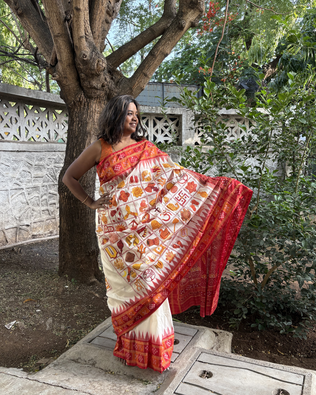 Traditional Nabakothi Auspicious Symbols Hand-painted Saree on pure mulberry silk