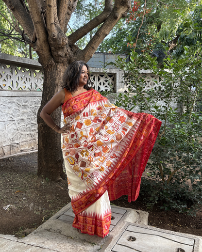 Traditional Nabakothi Auspicious Symbols Hand-painted Saree on pure mulberry silk