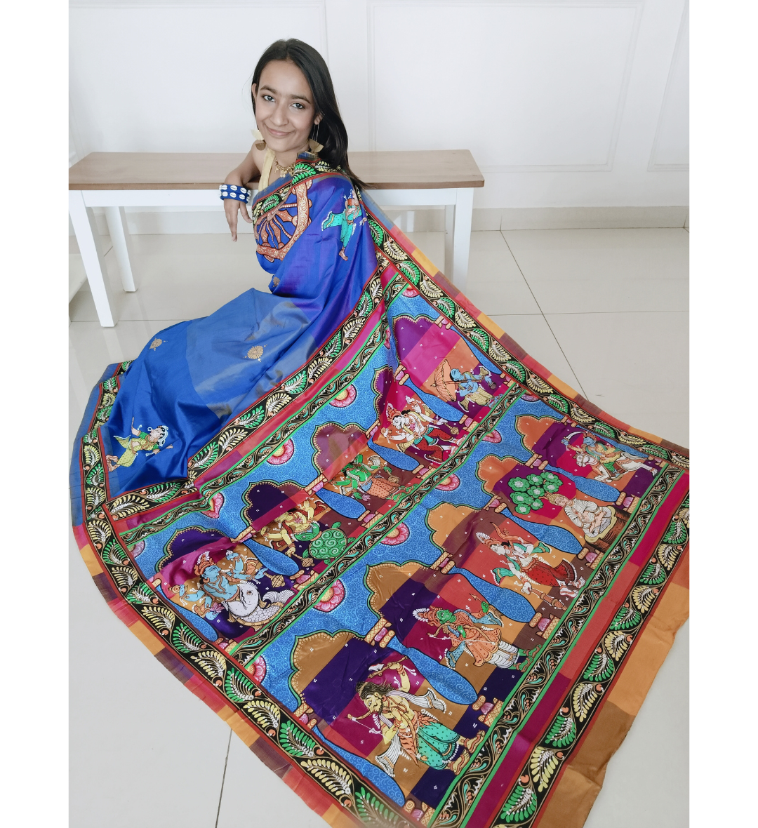 Vishnu Dashavatar Blue Mulberry Silk Saree - Hand-painted Poetry