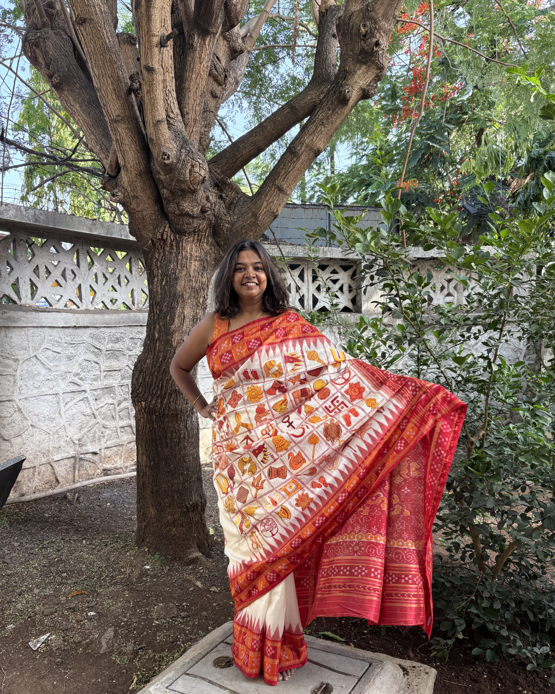 Traditional Nabakothi Auspicious Symbols Hand-painted Saree on pure mulberry silk