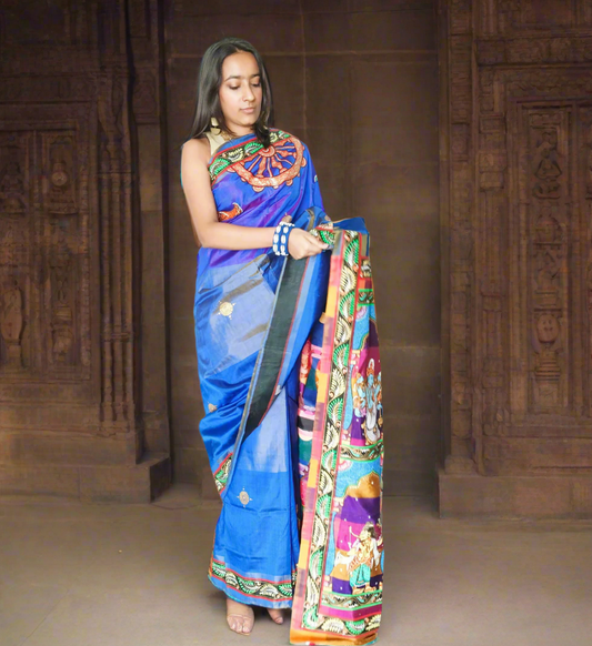 Vishnu Dashavatar Blue Mulberry Silk Saree - Hand-painted Poetry