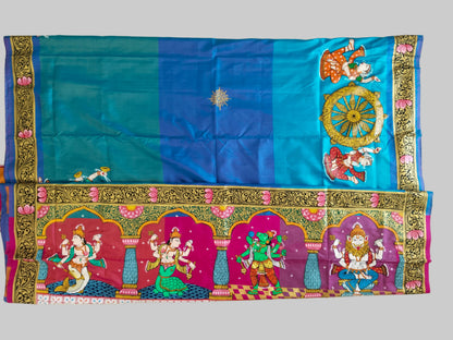 Divine Dashavatara-Anant Shayan Patachitra Artwork 3D Katan Mulberry Silk Saree