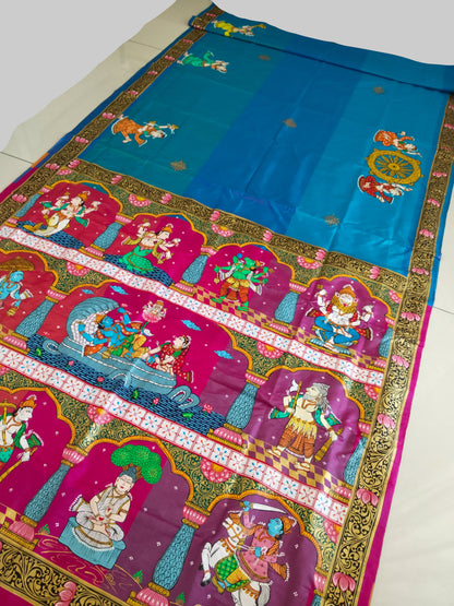Divine Dashavatara-Anant Shayan Patachitra Artwork 3D Katan Mulberry Silk Saree