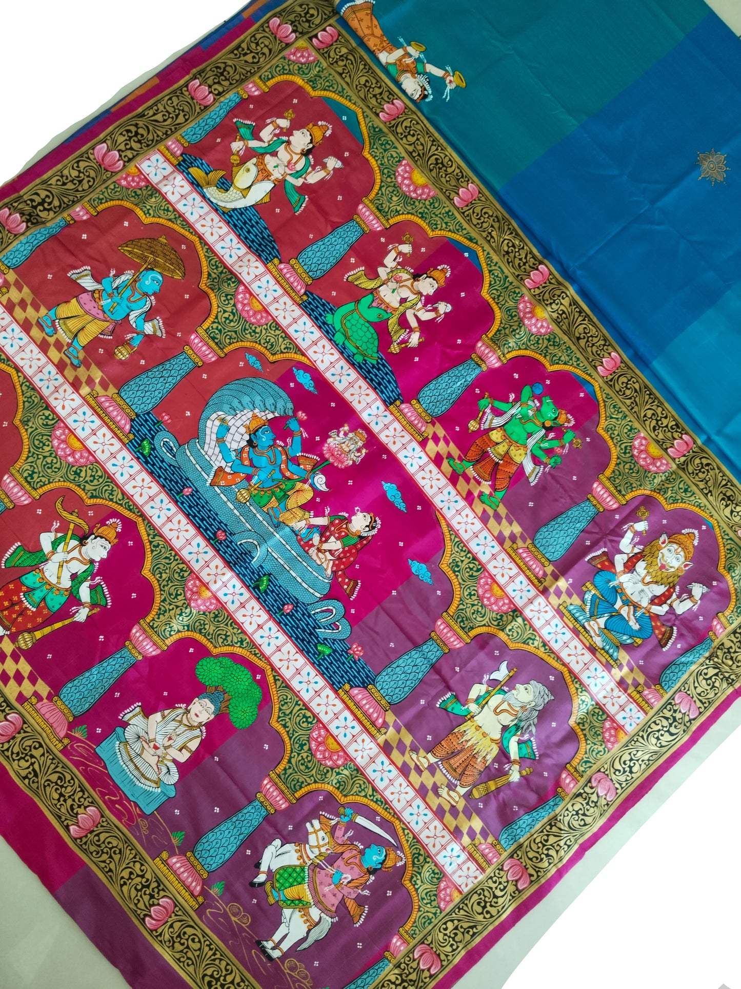 Divine Dashavatara-Anant Shayan Patachitra Artwork 3D Katan Mulberry Silk Saree