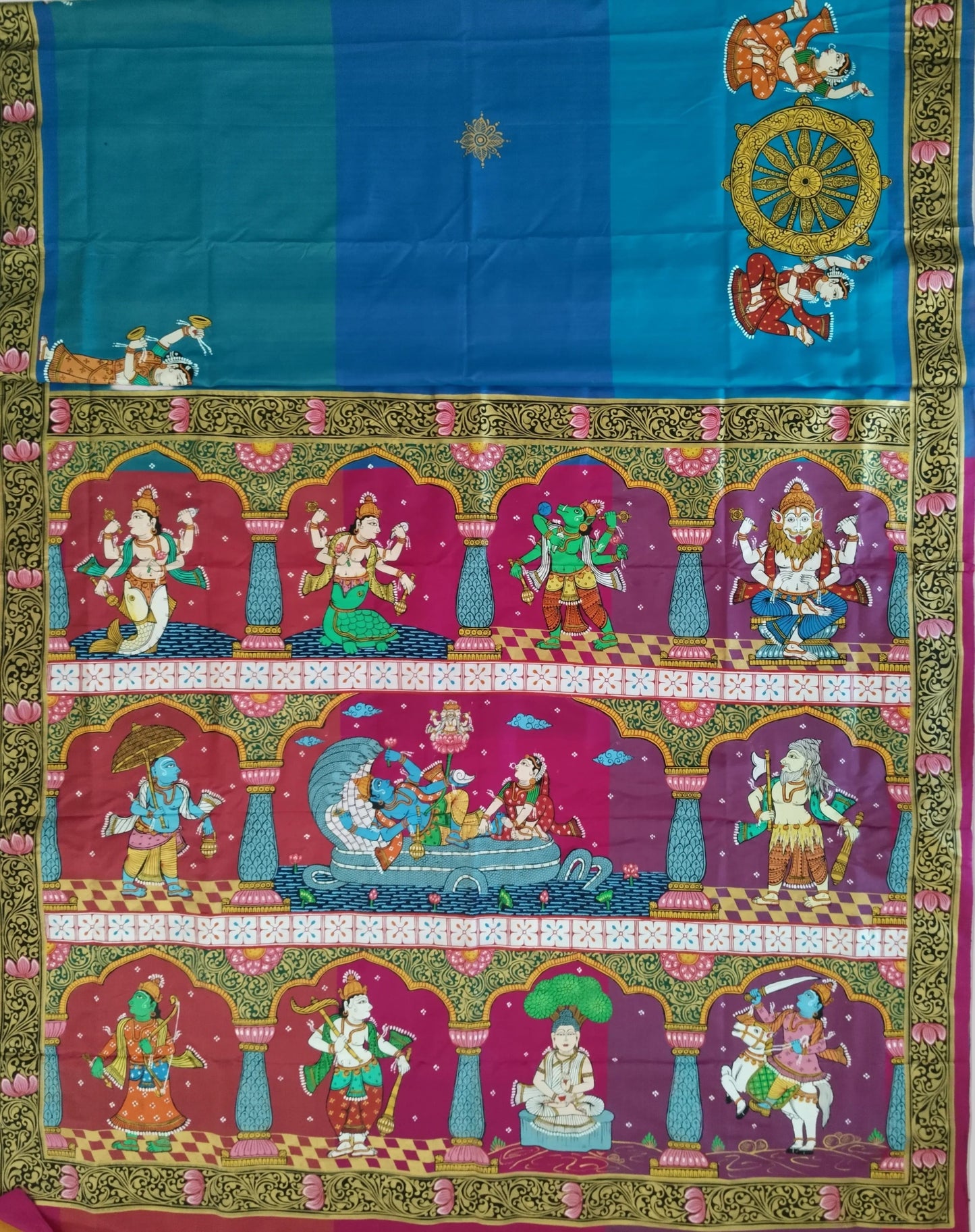Divine Dashavatara-Anant Shayan Patachitra Artwork 3D Katan Mulberry Silk Saree