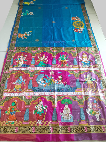Divine Dashavatara-Anant Shayan Patachitra Artwork 3D Katan Mulberry Silk Saree